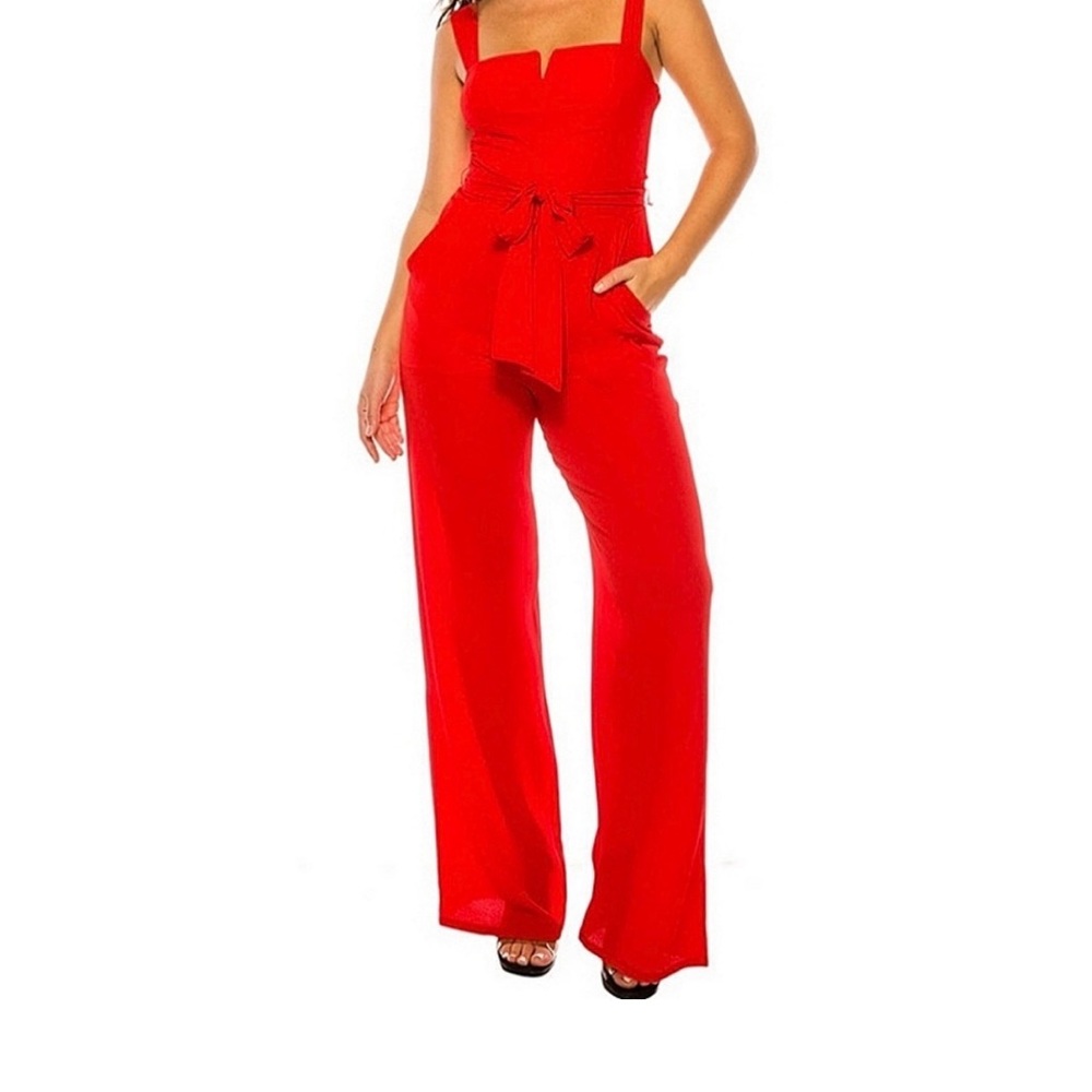 Women's Red Wide-Leg Jumpsuit with Tie Waist